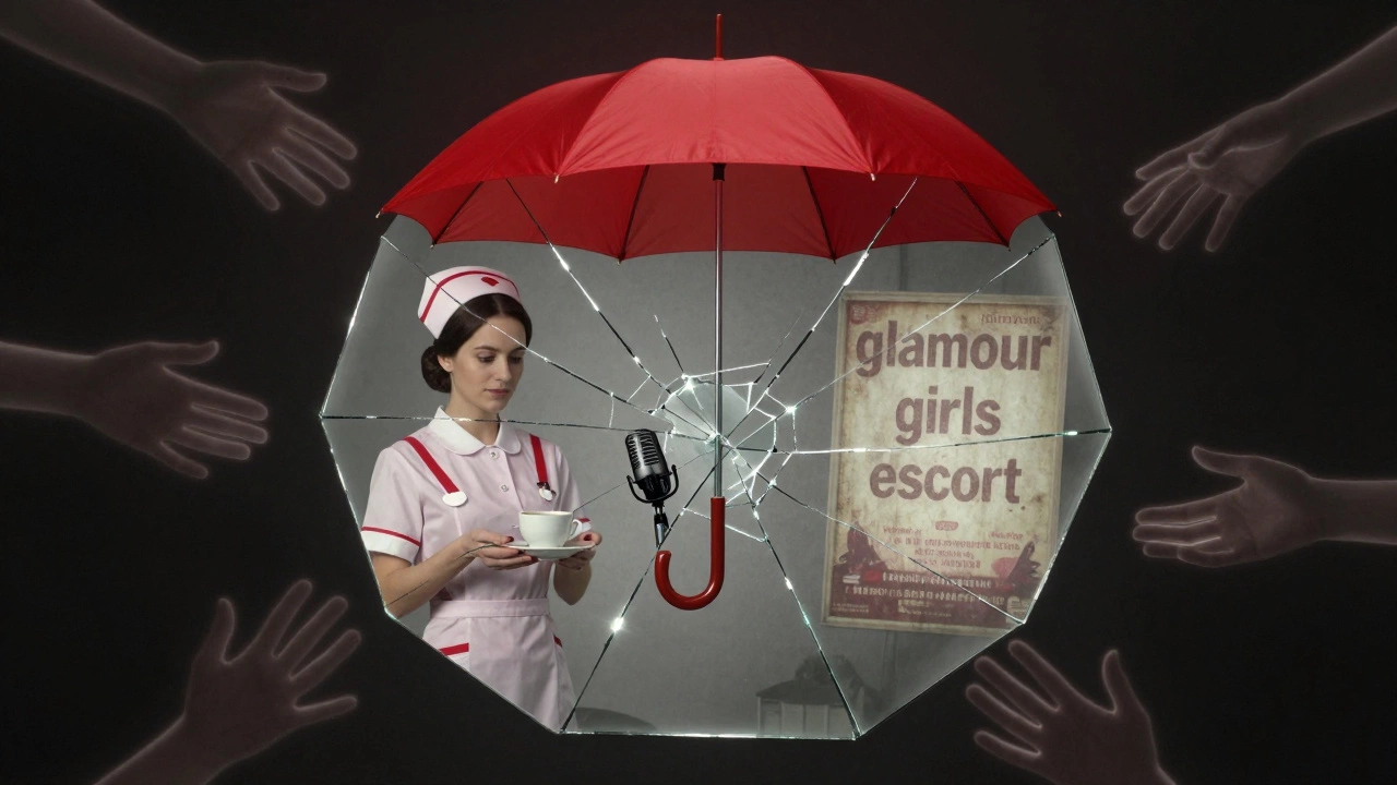 A fractured mirror shows care, voice, and exploitation — united by a red umbrella.