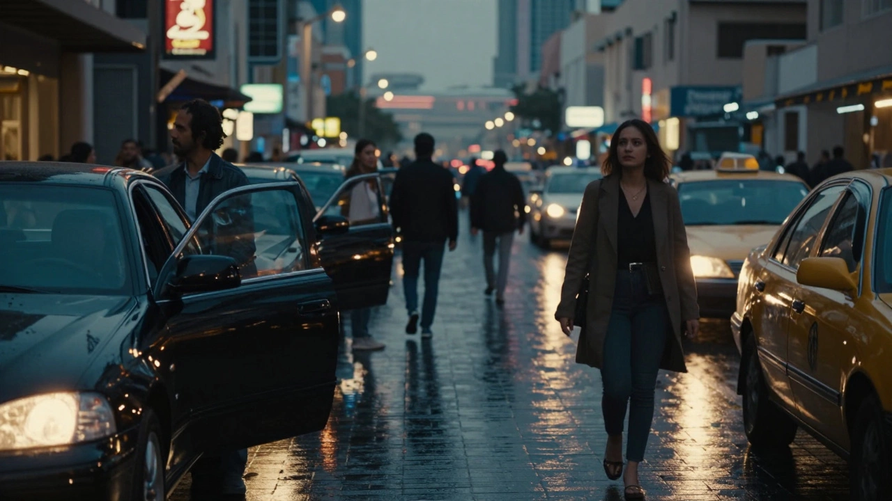A lonely woman walks past neon-lit Dubai streets at dusk, figures disappearing into cars, evoking secrecy and isolation.