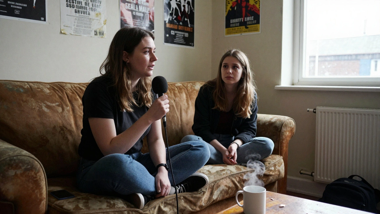 A podcast host and listener share a quiet, honest moment in a hostel.