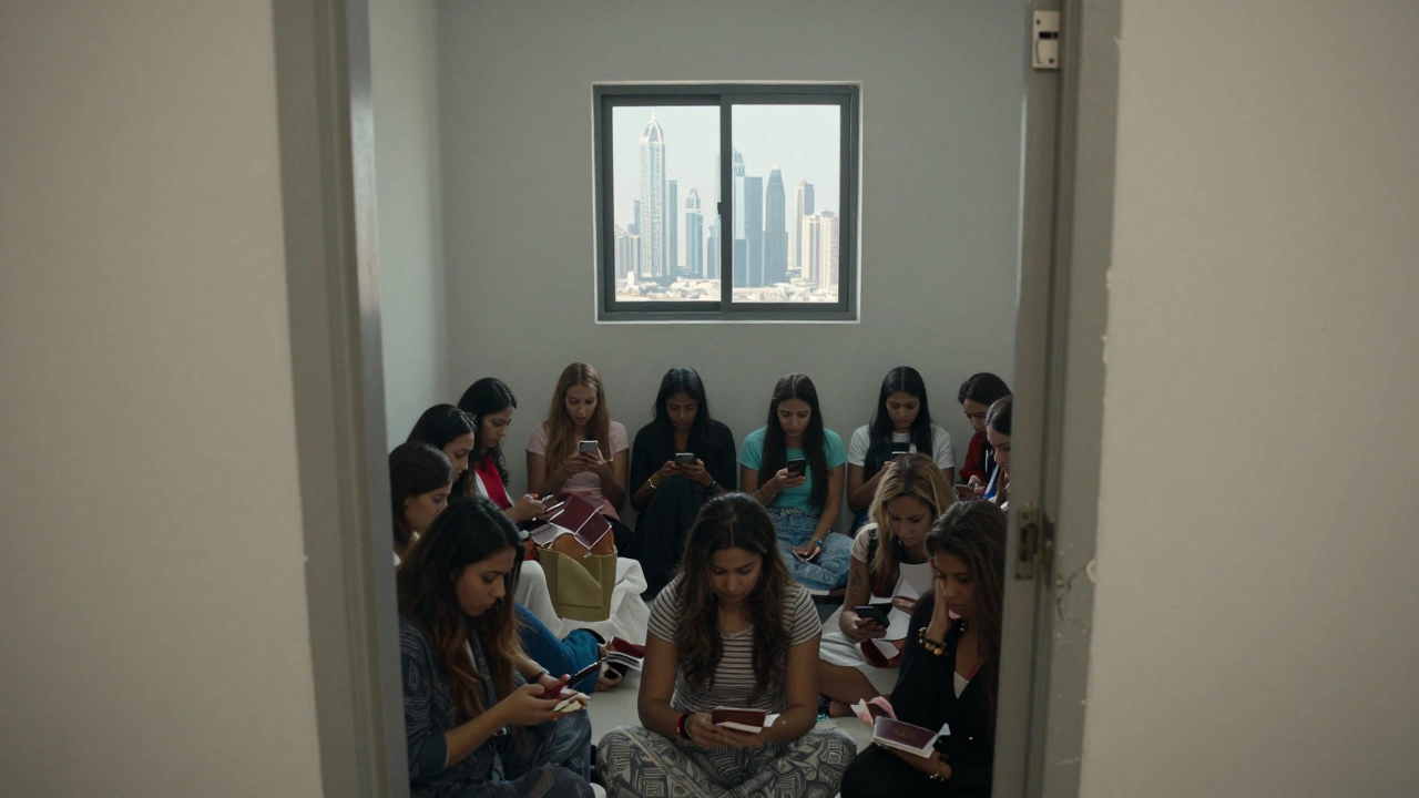 Through a cracked door, women huddle in a cramped Dubai apartment, skyline visible outside — a hidden human trafficking scene.